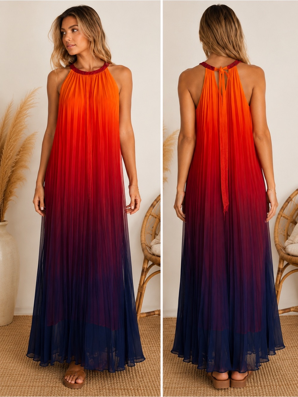 ✨ Chicwish Sunset Ombre Pleated Halter Maxi Dress NWT✨